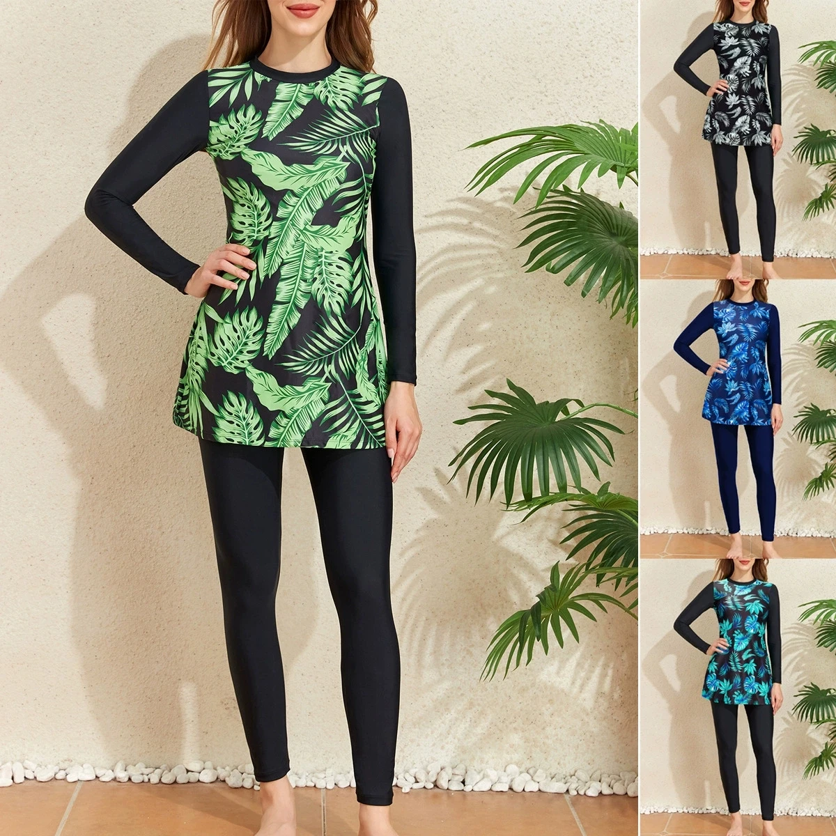 "Front zip floral burkini with high-stretch fabric for active beachwear"