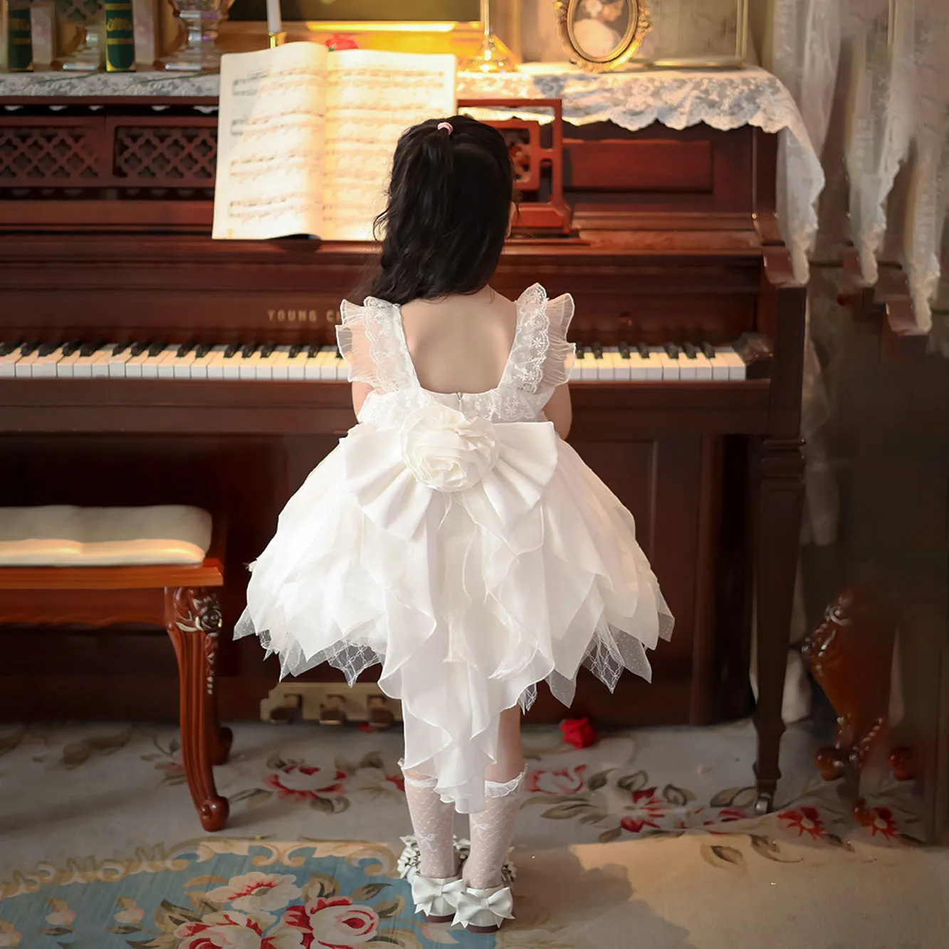 Flower Girl Dress for Weddings Fashion White Gauze Piano Performance  Dresses Kids Girls A-line Birthday Party Ball Gowns