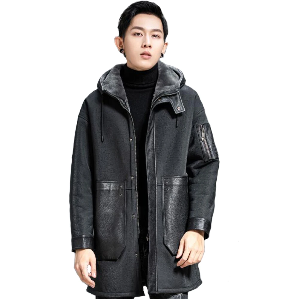 Denny&Dora Shearling Black Coat Natural Shearling Leather Coat Sheepskin Coat Hooded