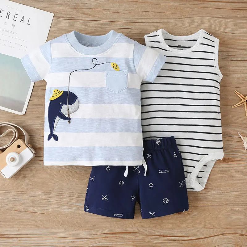 Newborn Baby Boys Clothes Set 2022 Summer Cotton Short Sleeve Tops+Romper+Shorts 3Pcs sets Infant Baby Boy Girl Clothing Outfits baby clothing set line