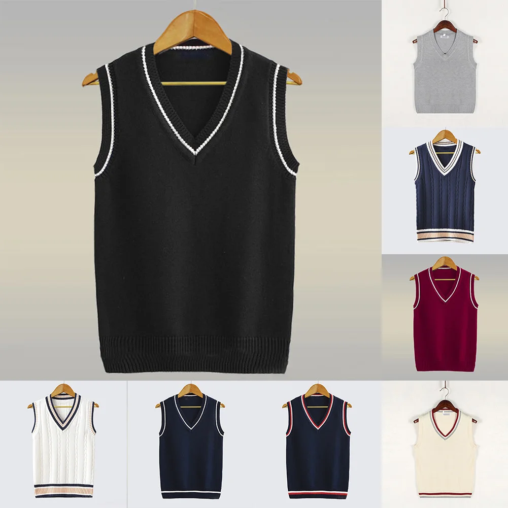 Mens Fashion Thick V-Neck Sleeveless Vest Sweater School Uniform Knitting Tops Fashion Sweater S-4XL korean solid color baggy sweater men s knitting pullovers crew neck pullover women harajuku knitwear christmas red knitted