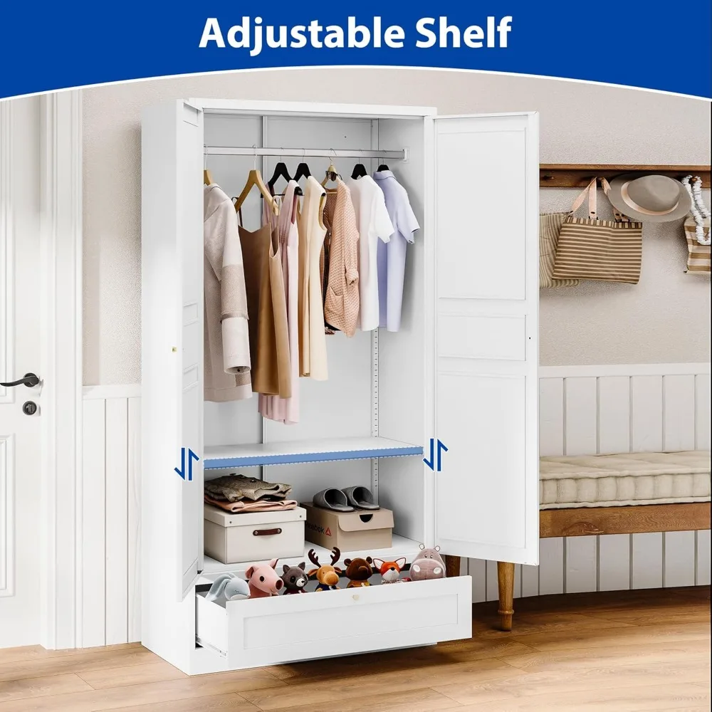 Metal Armoire Wardrobe Closet with  Wardrobe Cabinet with Drawers and Hanging Rail Metal Closet with Adjustable Shel 3