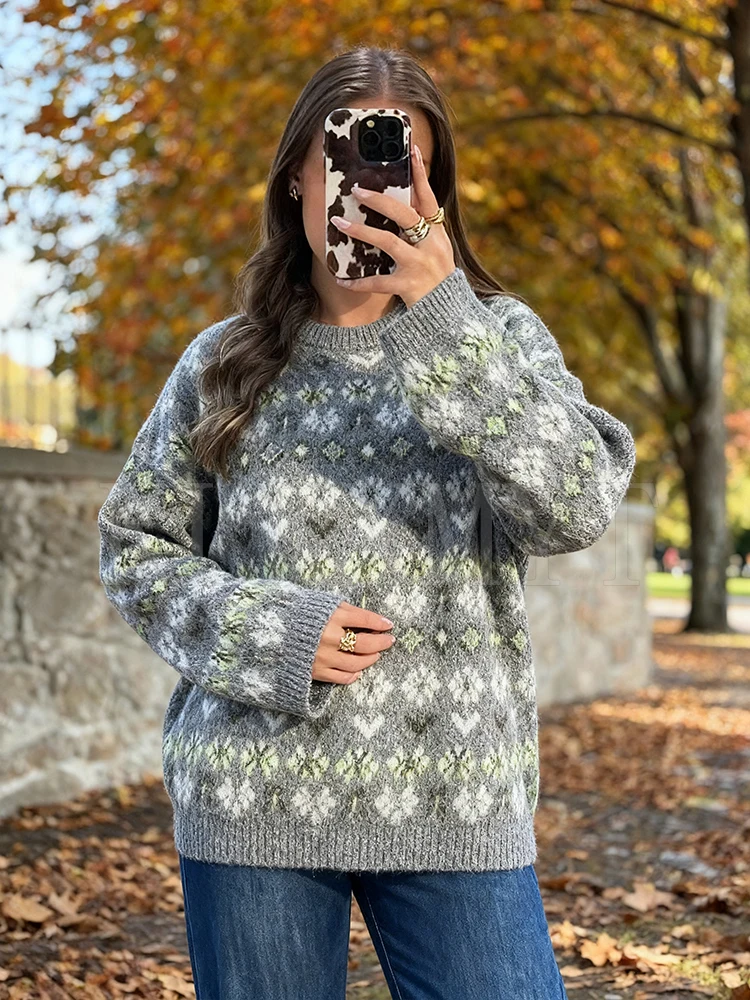 Women's Soft Knitted Pullover Women Fashion Long Sleeve Vintage Jacquard Sweater 2025 New Casual Loose Knitwear Tops ﻿ ﻿