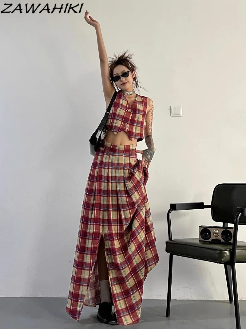 

ZAWAHIKI New Summer Fashion Plaid Sleeveless V-neck Button-up Vest Women + Loose Slit Pleated Casual All Match Long Dress