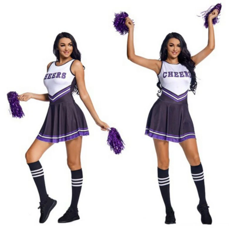 Womens Cheerleading Uniform Dance Costume Schoolgirl Cosplay Outfit with Socks Cheering Flower