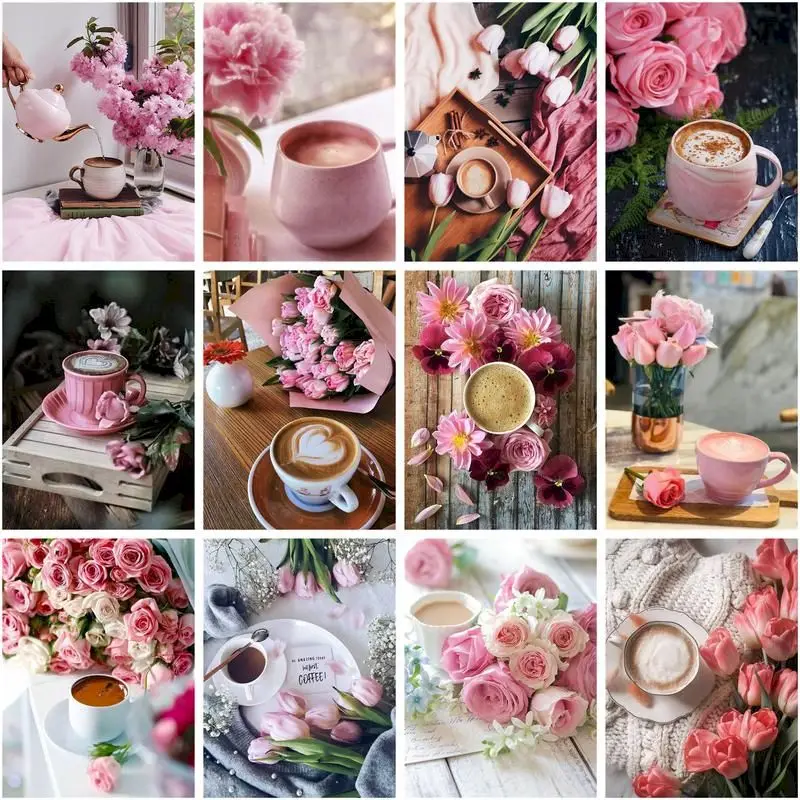 

CHENISTORY 5d Diamond Painting Pink Rose Diamond Embroidery Mosaic Coffee Scenery Cross Stitch Kits Pictures For The Home