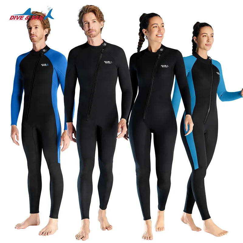 

Неопреновый гидрокостюм 3 мм для подводного плавания, слитный полноразмерный костюм для мужчин и женщин, теплый Купальник с длинным рукавом и молнией спереди и сзади UPF50 +
