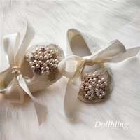 Dollbling 2022 Light Yellow Cream Color Satin Lace-up Pearls Buckle Wholesale Latest Baby Kids Soft Shoes Infant Toddler 1