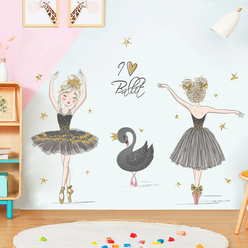 

Cartoon Black Swan Dancing Girl Wall Stickers Removable PVC Home Decor Living Room Bedroom Children's Room Decoration Stickers
