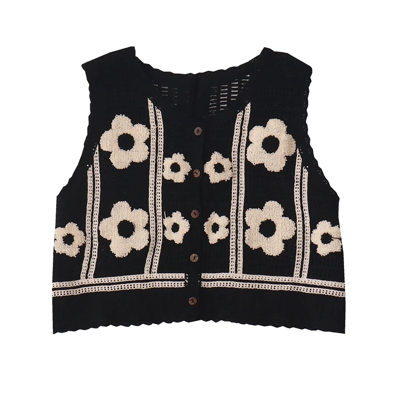 

Spring Autumn New Korean Retro Forest Crochet Hollow Flower Jacquard Knitted Vests Women's V-neck Casual Versatile Short Vest