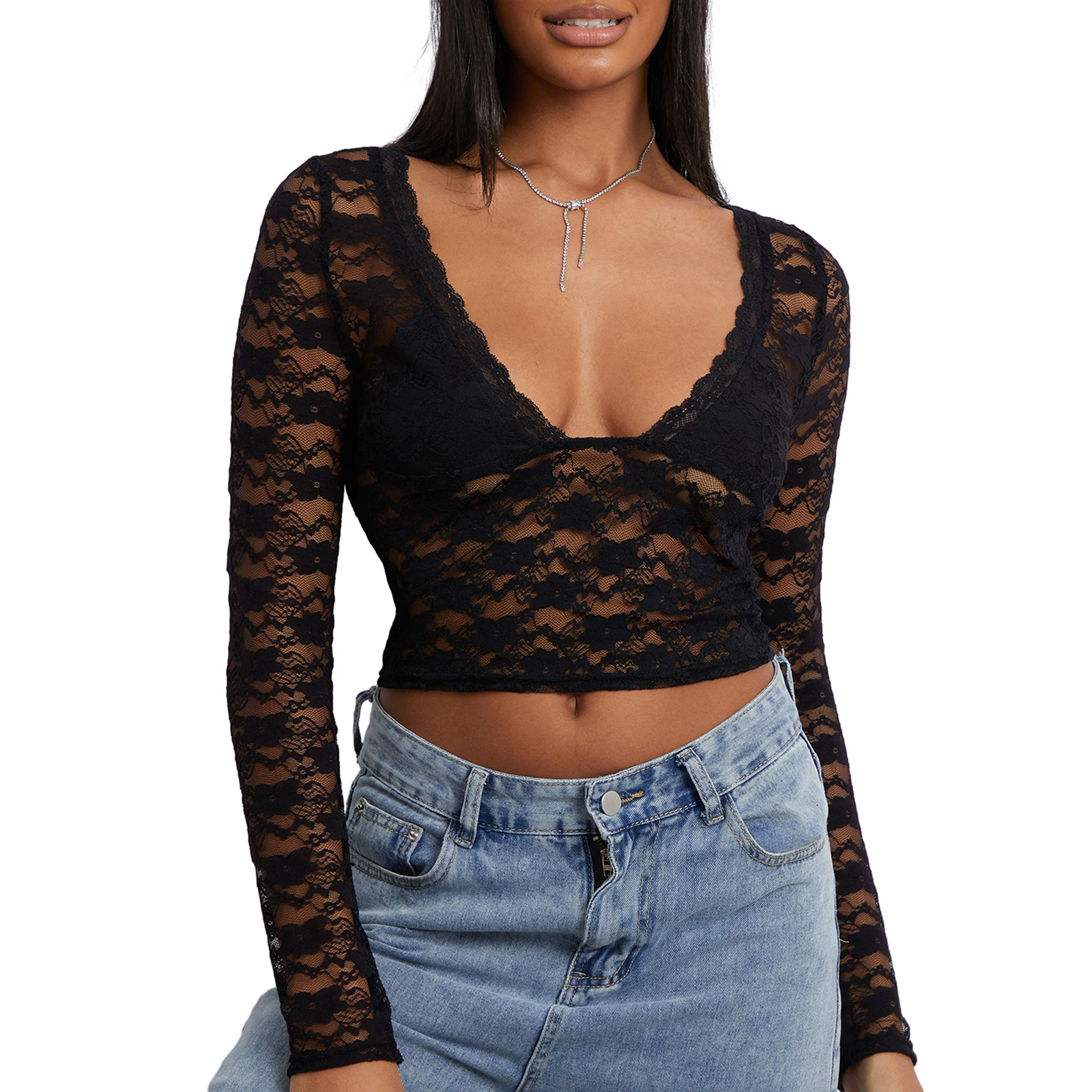 

Сексуальные женские весенне-летние укороченные топы, футболки, черная Прозрачная Кружевная футболка с длинным рукавом и V-образным вырезом и цветочным принтом, летняя уличная Клубная одежда