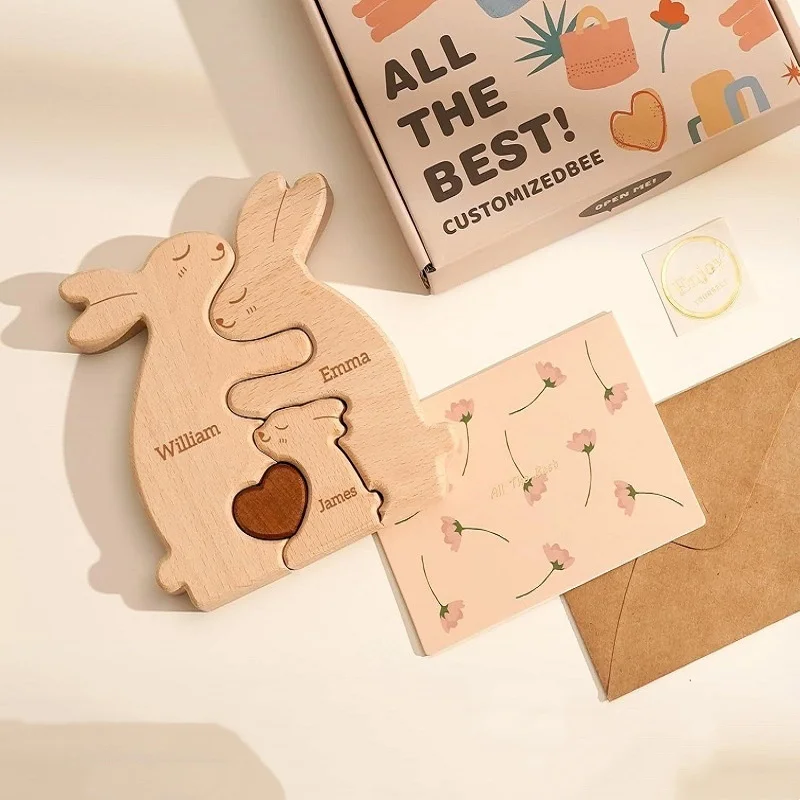 Personalized Rabbit Family Wooden Art Puzzle - Custom Heartwarming Decor & Birthday Gift