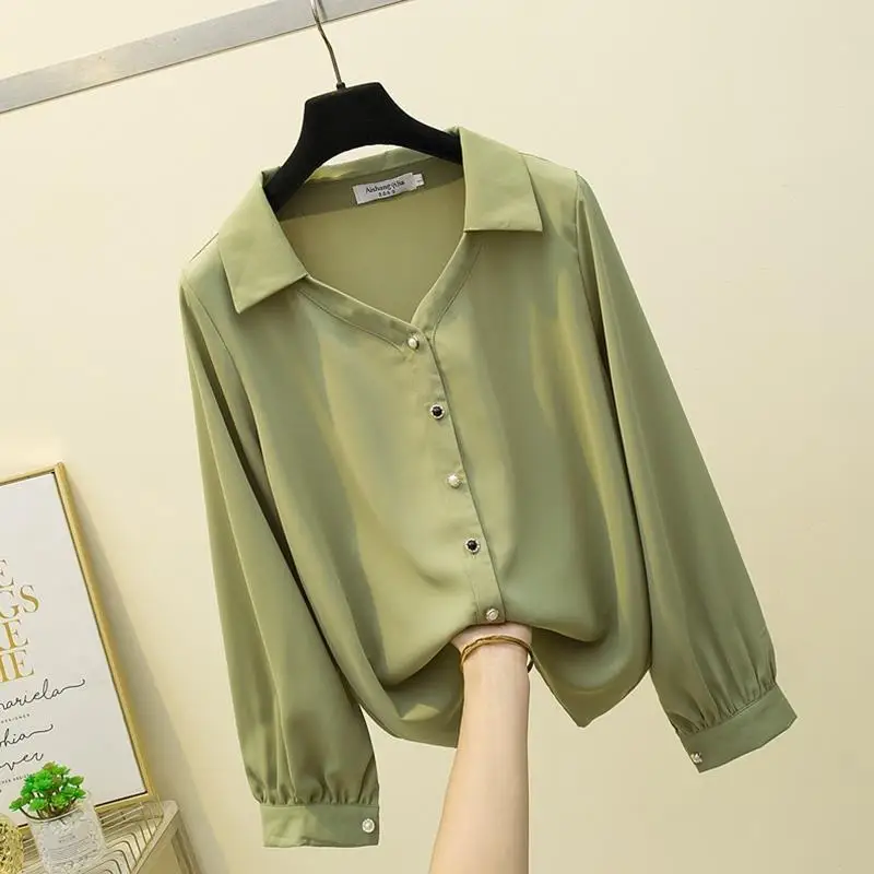 

Women's Spring Autumn Fashion Elegant Polo Collar Long Sleeved Solid Color Loose Shirt Casual Versatile Western Commuter Tops