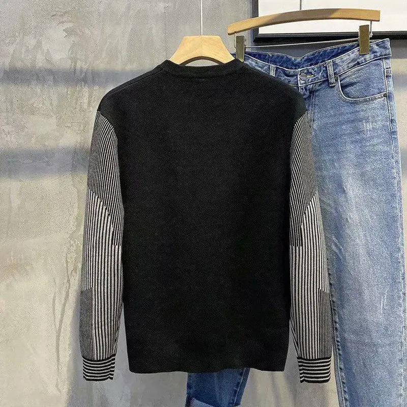 2022 Autumn Winter New Men's Fashion Korean Long Sleeve Striped Patchwork Knitted Sweater Business Casual Knitwear Pullover Tops