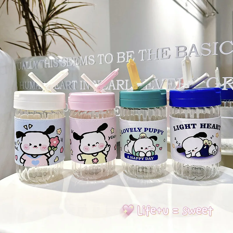 

Kawaii Sanrio Pochacco Glass Cup Cartoon Cute Portable Leather Holster Straw Cup Heat-Resisting Kids Toys Anti Scalding Cup
