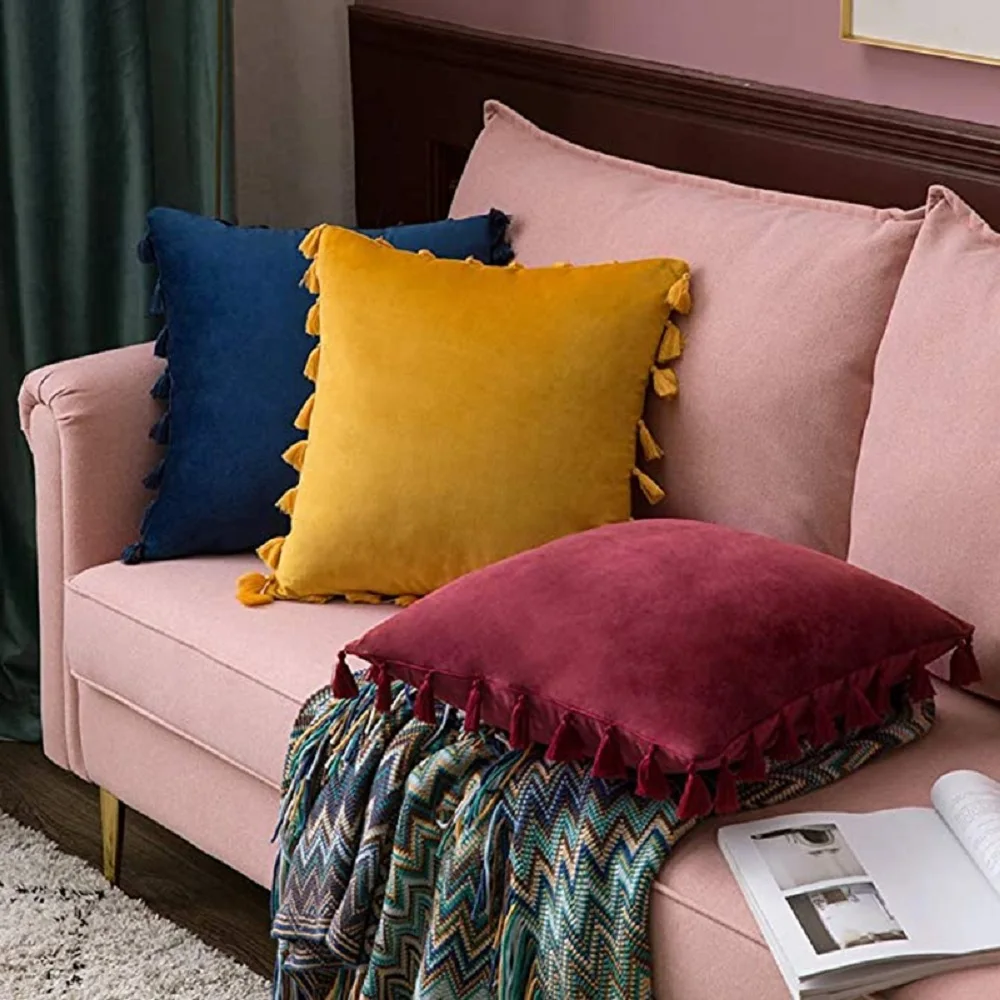 Velvet Soft Solid Decorative Throw Pillow Cover with Tassels Boho Accent Luxury Gift Cushion Case for Couch Bedroom Car Yellow 6