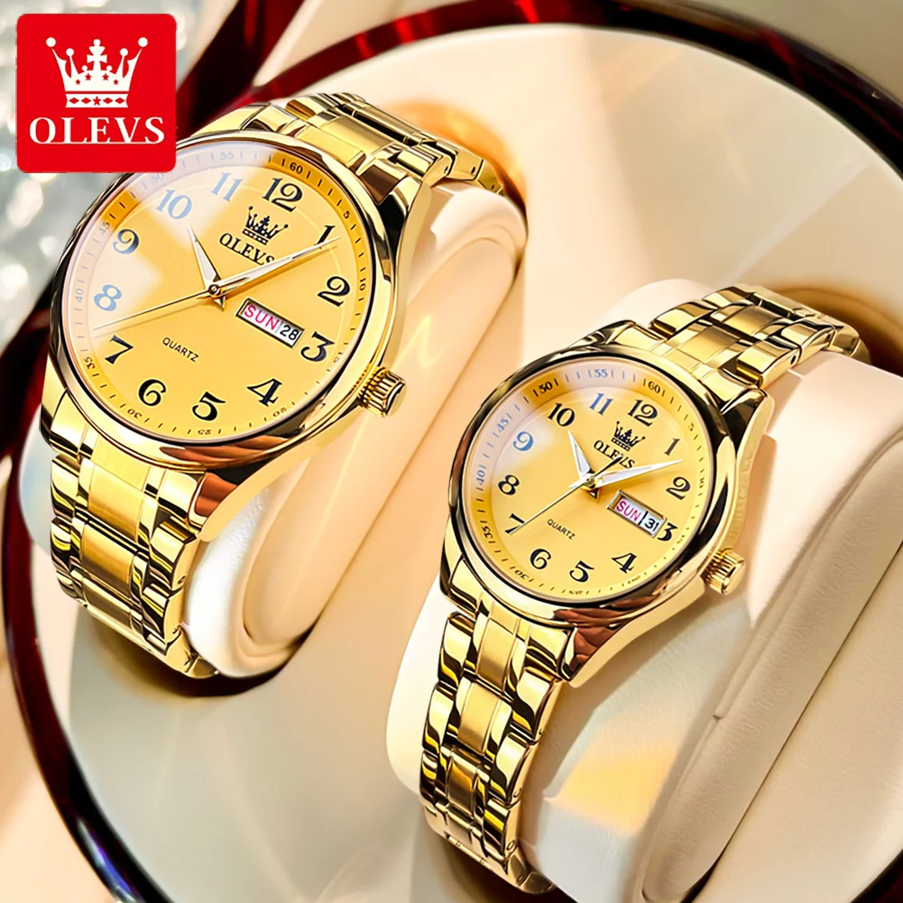 

Top Golden Quartz Couple Paired Men and Women Luxury Brand Digits Dial Calendar Waterproof Lover's Watches Clock Girls Boys Gift