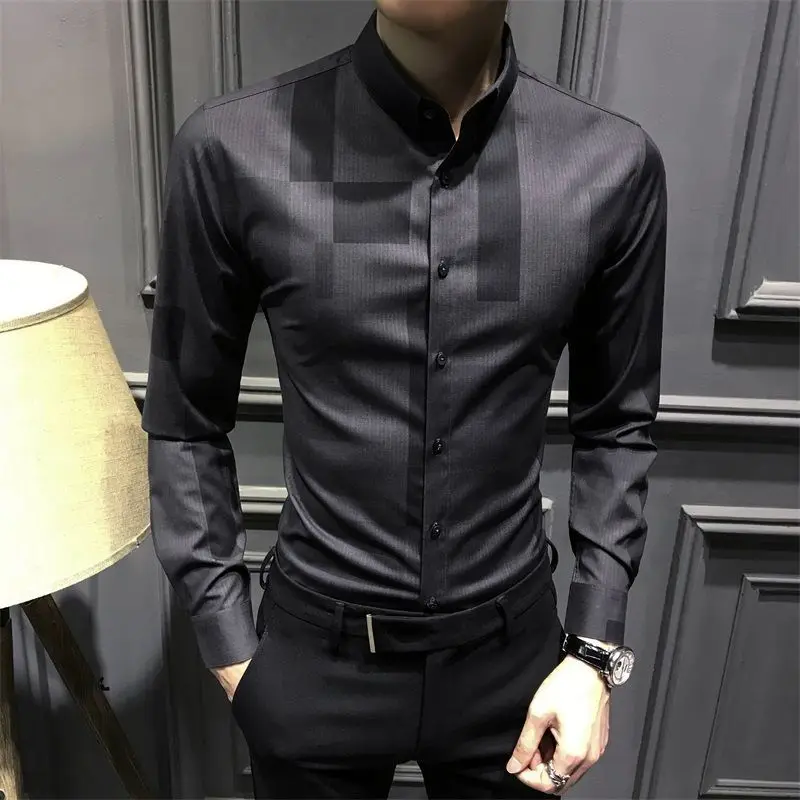 Male Luxury Casual Formal Shirt Long Sleeve Slim Fit Male Long Sleeve Shirts White Branded Men's Clothing 4XL Vintage A121