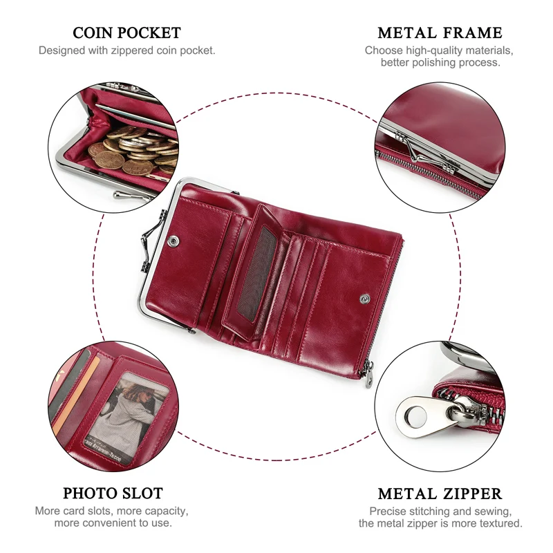 Contact\'S Small Metal Frame Purse Ladies Genuine Leather Coin Wallet Women Vintage Hasp and Zipper Purses for Woman Cards
