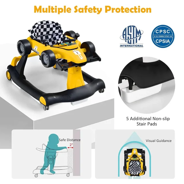 4-in-1 Baby Walker Activity Push Walker Adjustable Heights 360° Swivel Wheel Music & Light Foldable Car Walker for Boys Girls 5