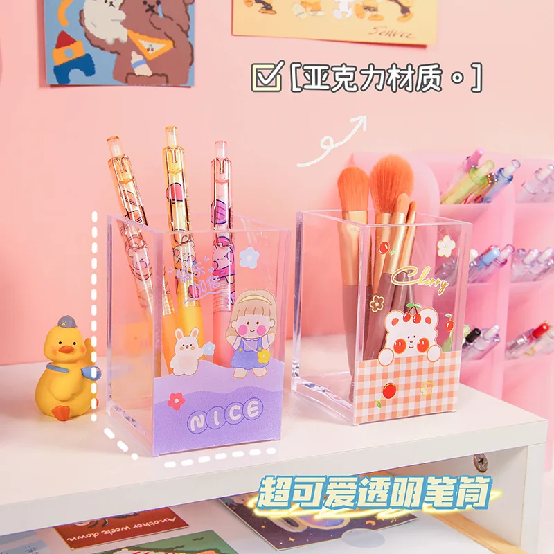 Cute Cartoon Pen Holder Acrylic Transparent Square Pen Case  Desktop Organizer Office School Supplies