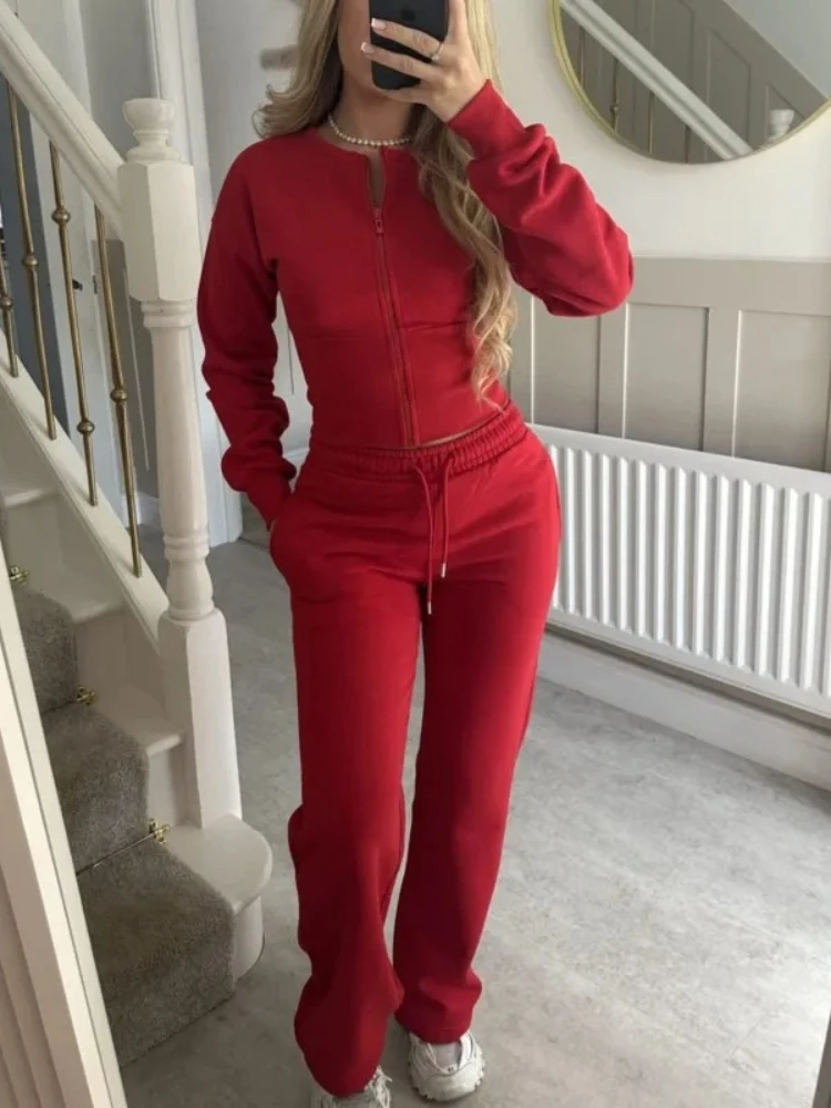Women's Casual Sports Two-piece Set Autumn And Winter New Fashion Long-sleeved Zipper Cardigan Slim Top With Straight Pants Suit 3