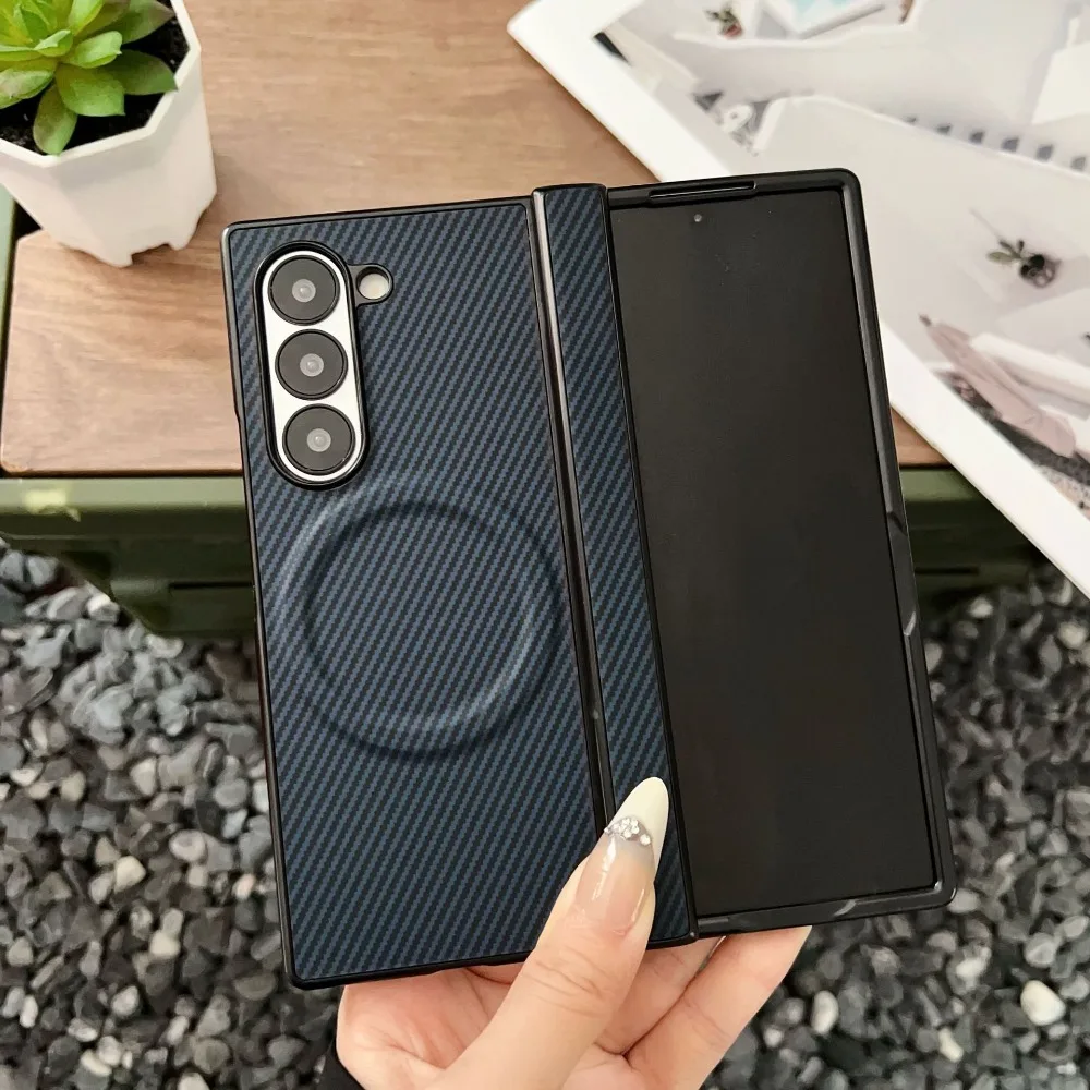 Luxury Carbon Fiber Magnetic Hinge Phone Case with Wireless Charging and Shockproof Bumper Cover