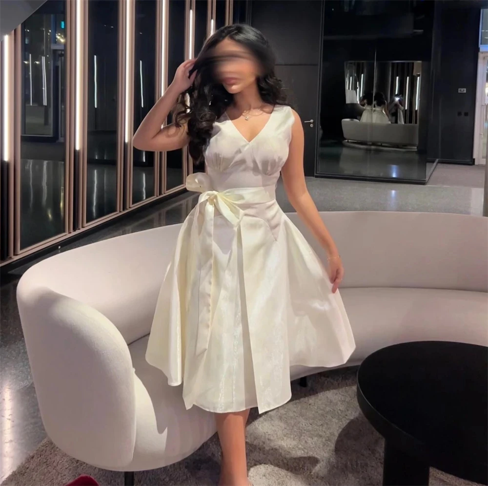 

Evening Dress Saudi Arabia Classic Modern Formal Prom V-Neck A-line Draped Knee-Length Satin Bespoke Homecoming Party Gowns