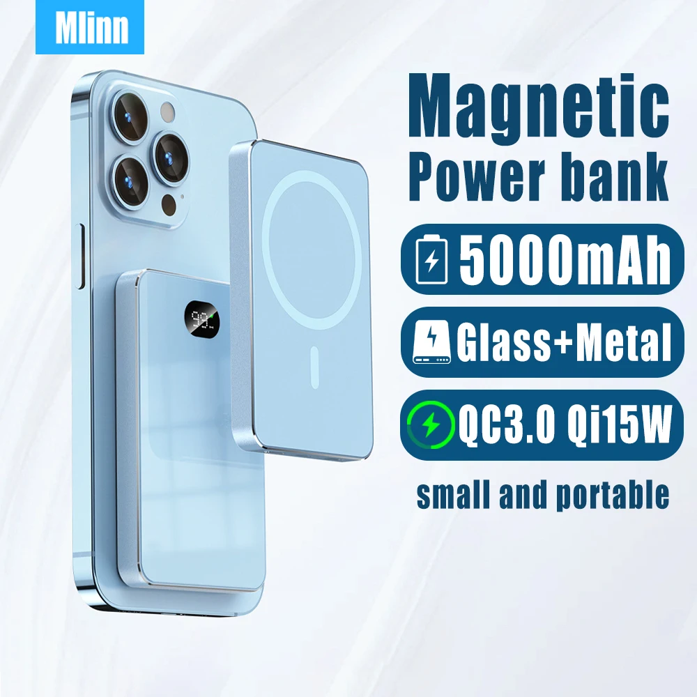 

MacSafe Powerbank 5000mAh Magnetic Wireless Power Bank Metal Glass QC 3.0 Qi 15W Portable External Battery for iPhone 13 12