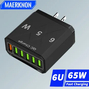65W USB C Charger High Speed Charger 6 Ports Fast Charging Quick Charge 3.0 for iPhone 15 14 13 Pro Max Xiaomi Huawei Samsung