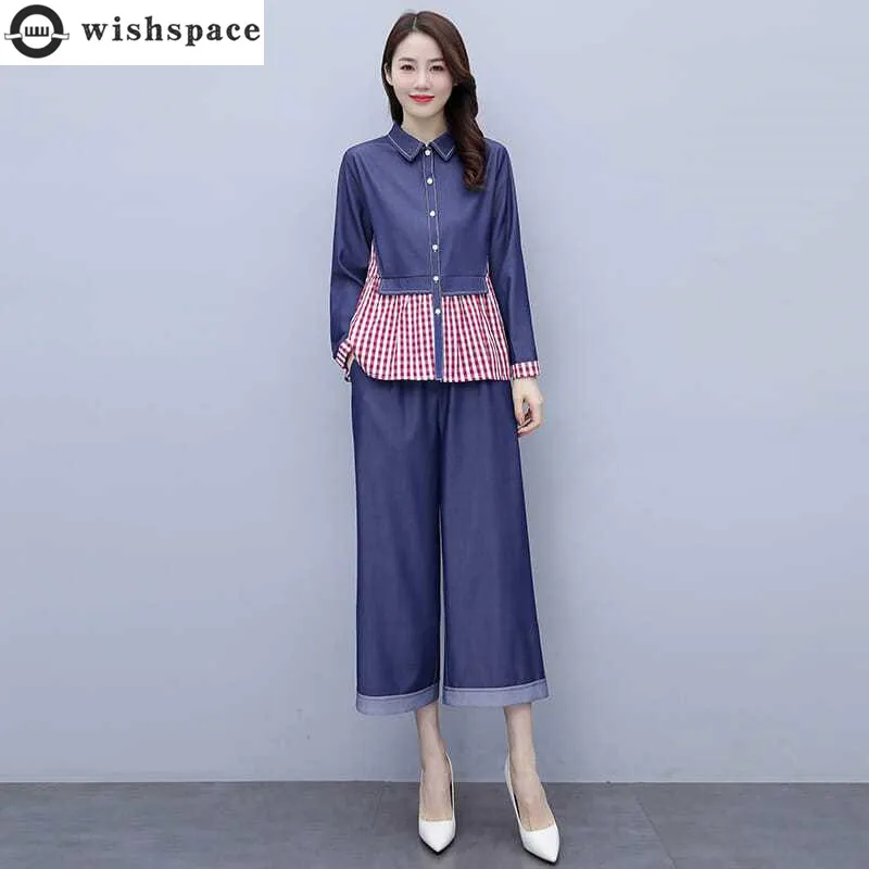 Summer New Plaid Patchwork Long Sleeved Denim Jacket Wide Leg Pants Two-piece Elegant Women's Pants Set Casual Outfits