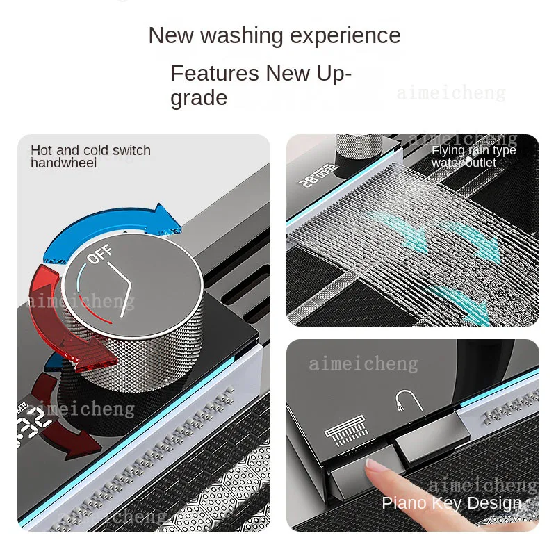Digital Display 304 Stainless Steel Honeycomb Fly Rain Waterfall Single Sink Multifunctional Household Hand Embossed Washbasin 5