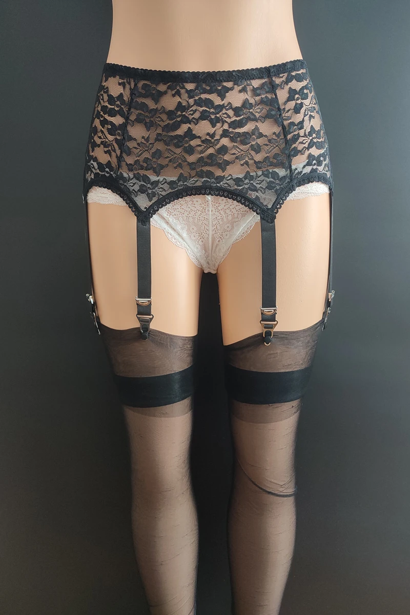 Description Picture 5 of itemSexy Black Mesh Garter Belt Lace Embroidery Transparent Suspender with 6 Straps Metal Clip for Women Stockings Leg Harness