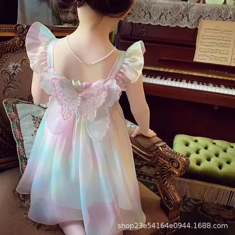 فستان أميرة للبنات من 1-8 سنوات مزين بالدانتيل والزهور مع طباعة كاملة وفيونكة كبيرة وزخارف لؤلؤية لحفلات الأطفال