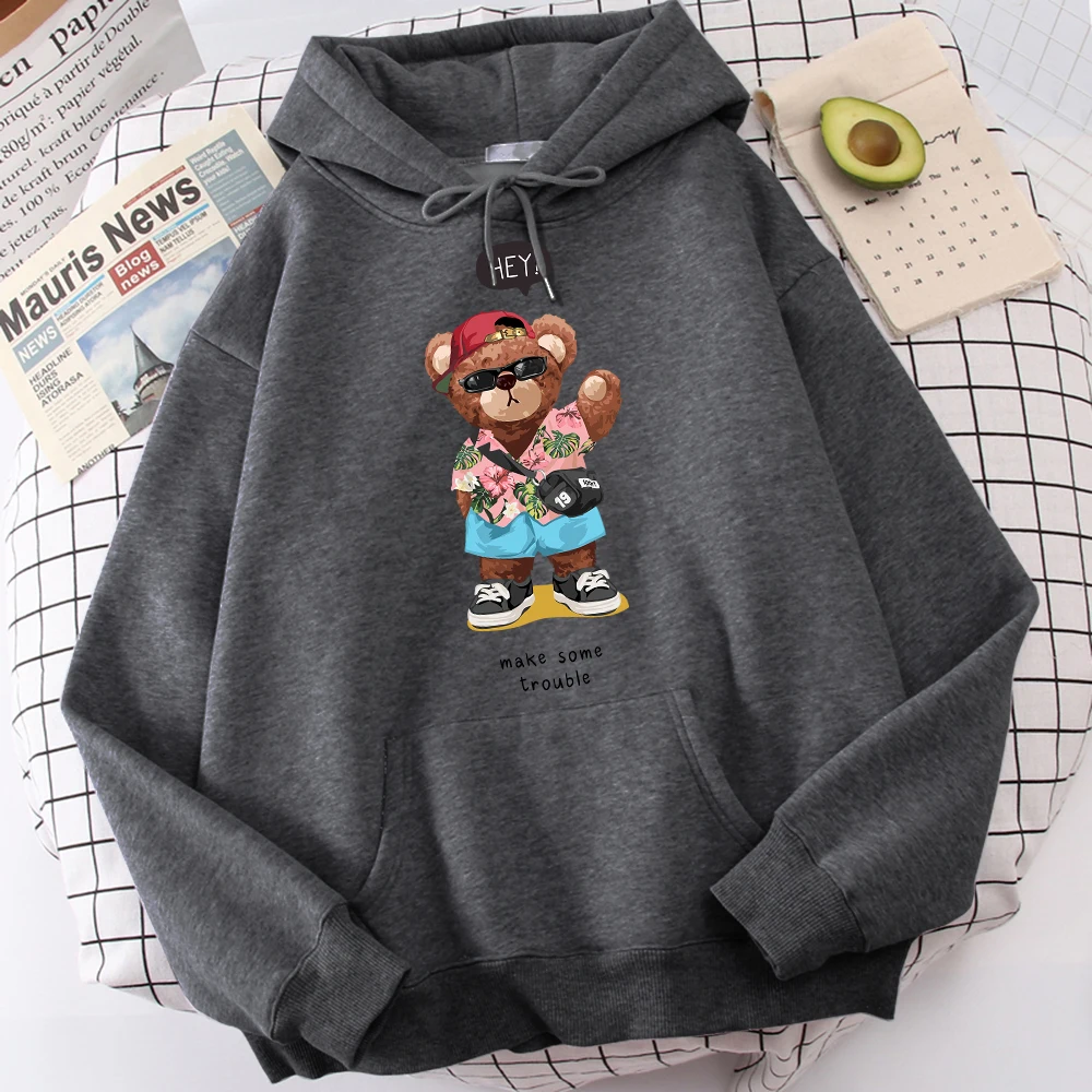 

Hey,Make Some Trouble Fashion Teddy Bear Hoodies Male Harajuku Oversized Top Sport Street Clothes Vintage Graphic Sweatshirt Men