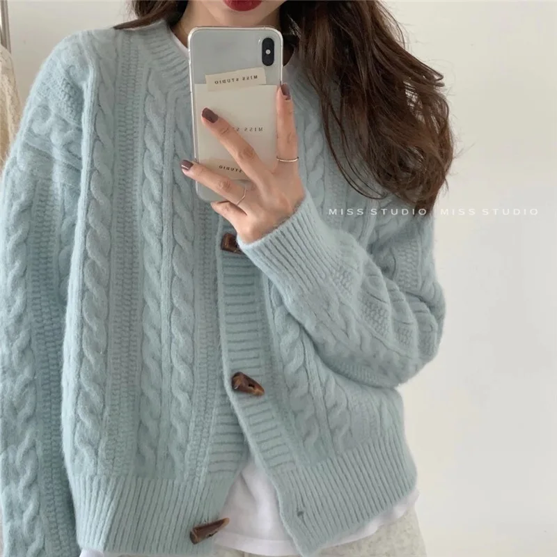 

2024 Sweater Cardigan Women Single Breasted Long Sleeve Elegant Vintage Jumper Solid Wool Knitted Autumn And Winter Outwear C208