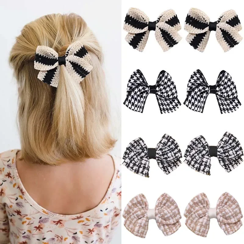 

Oaoleer 2Pcs/set Classical Knitted Hair Bow with Clips For Baby Girls Handmade Plaid Hairpin Barrette Headwear Hair Accessories