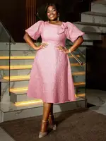 Plus Size Pink Rose Jacquard A-Line Dress with Puff Sleeves & Bow Detail - Image 3