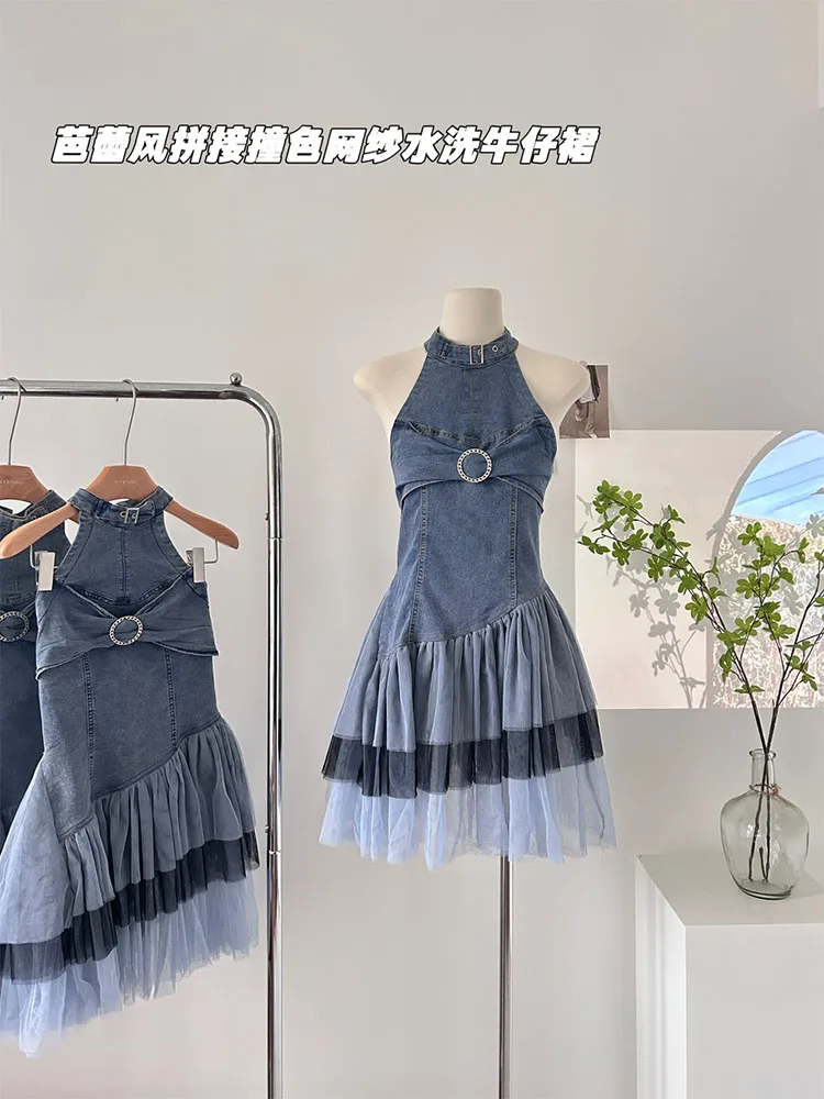 

New Design Denim Dress Patchwork Gauze Elegant Sexy Prom Gown Bow Washed Blue One-Piece Frocks Frocks High Street Party Prom