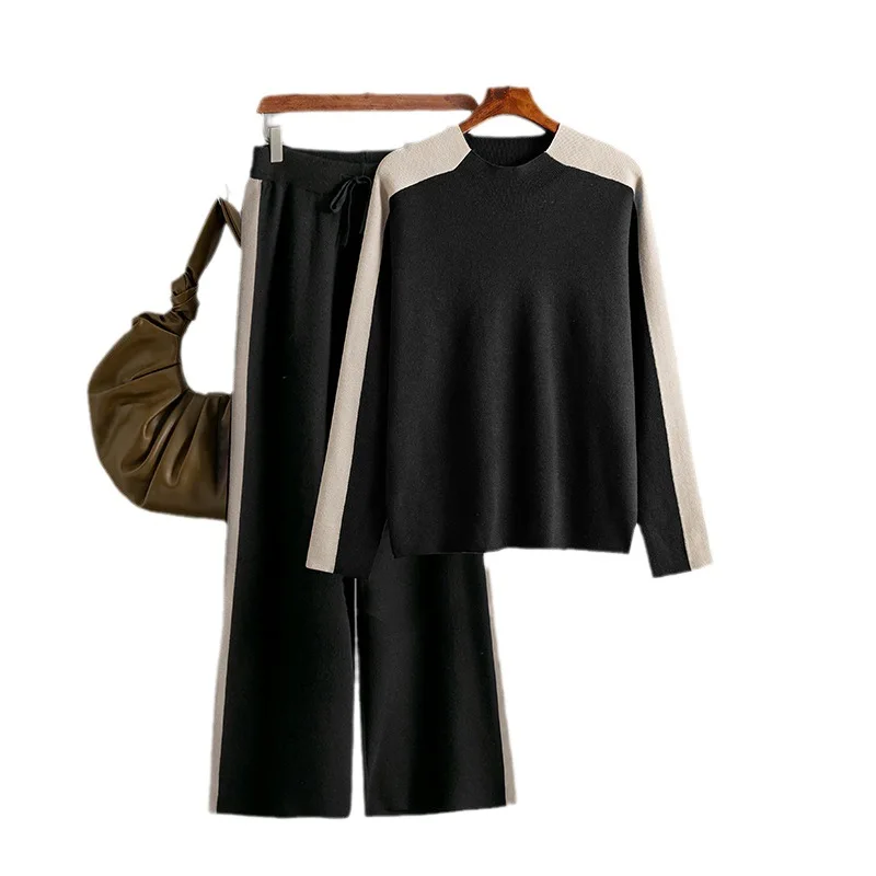 Winter Women's Knitting Set Autumn Women's Contrast Panel Pullover Sweater Two Piece Set Fashion Female Outfits