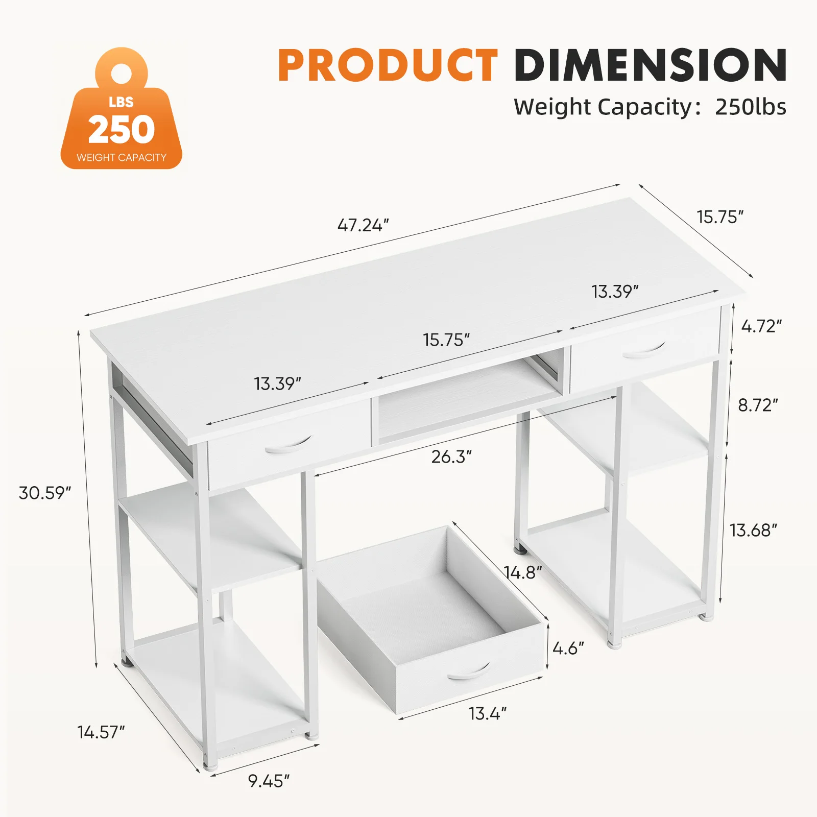 JHK 48 Inch Double Deck Shelving Office Computer Desk with Pull-out Fabric Storage Drawers Metal Frame Adjustable Feet Table 