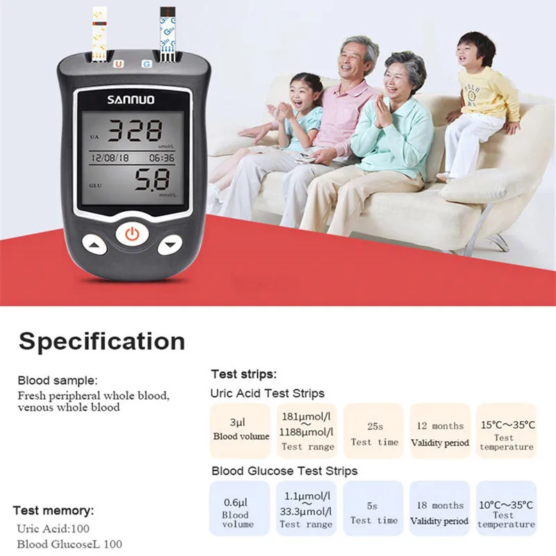 Blood Glucose Monitor Sinocare EA-11 Uric Acid Blood Glucose Testing Meter Kit mmol/L Diabetes Tester Strips with Lancets