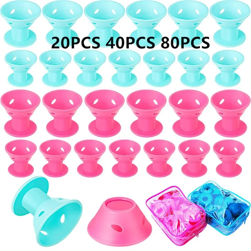 20/30/40/80PCS Pink Blue Silicone Hair Curlers Heatless Soft Roller For Sleep Flexible No Heat Women Hair Styling DIY Tool 2#