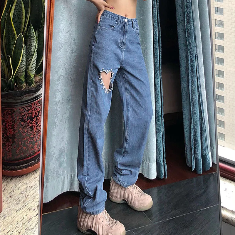Mom Jeans High Waist Women Blue Heart Hole Diamond Denim Trousers Straight Leg Baggy Ripped Pants Streetwear 2023 Harajuku Jeans