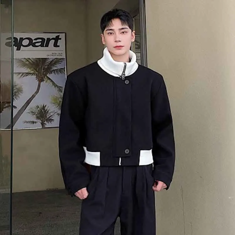 

SYUHGFA 2024 Autumn Winter Men's Thickened Short Woolen Coat Personality Contrast Color Wide Shoulder Casual Outerwear Trend New