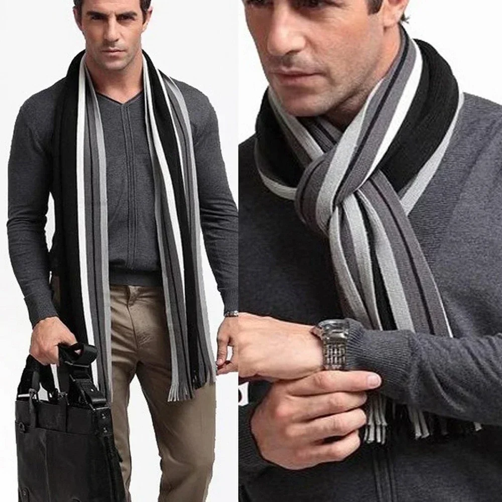 Cashmere Scarf Fleece Scarf Polar Fleece Scarf Knitted Scarf Tactical Scarf Neck Tube Scarf Classic Men's Scarf Winter Warm Faux Cashmere Soft Tassel Long Shawl Business Casual Striped Scarf Men's Clothing Accessories