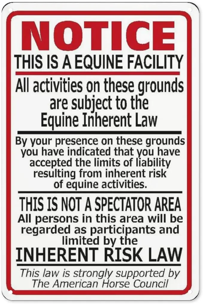 Supplemental Equine Liability Tin Sign Warning Statute Horse Barn ...