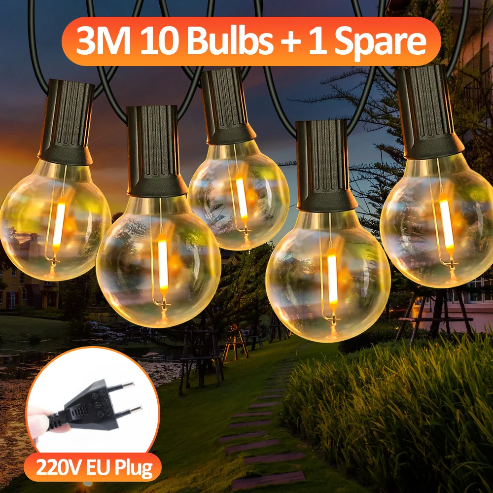 G40 LED Globe String Lights Spina europea per esterni, Lampadine in plastica IP65, Lampade da fata ghirlanda per balcone per decorazioni per feste di Natale di nozze