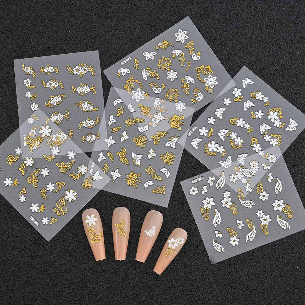 

30Sheets/SET Bronzing Nail Art Stickers 3D White Flower Butterfly Nail Decoration Sticker Self-Adhesive Decals For Manicure Tips