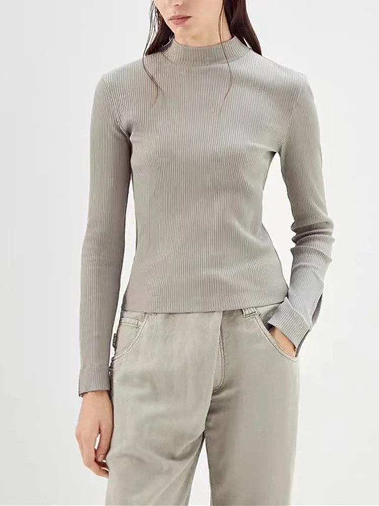 

Autumn 2023 New Women Beading Solid Color Knitted Pullover Tops Slim Simple Long Sleeve Half High Collar Ladies Bottoming Tops